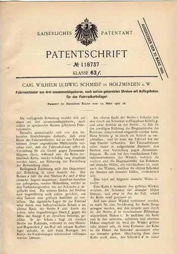 Original Patentschrift - C. Schmidt in Holzminden a.W. , 1900 , Fahrradständer , Fahrrad !!!