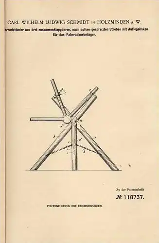 Original Patentschrift - C. Schmidt in Holzminden a.W. , 1900 , Fahrradständer , Fahrrad !!!