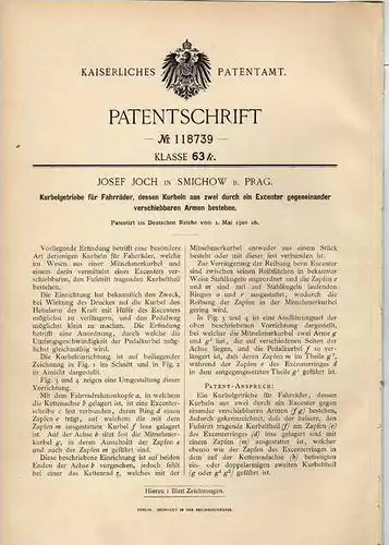 Original Patentschrift - J. Koch in Smichow b. Prag , 1900 , Kurbelgetriebe für Fahrräder , Fahrrad !!!