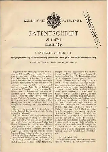 Original Patentschrift - F. Ramesohl in Oelde i.W. , 1900 , Reinigungsapparat für Milchschleuder !!!