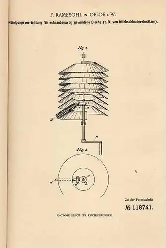 Original Patentschrift - F. Ramesohl in Oelde i.W. , 1900 , Reinigungsapparat für Milchschleuder !!!