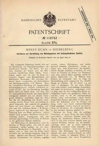 Original Patentschrift - H. Kuhn in Heidelberg , 1899 , Metallpapiere mit lichtempfindlicher Schicht , Münzproduktion !!