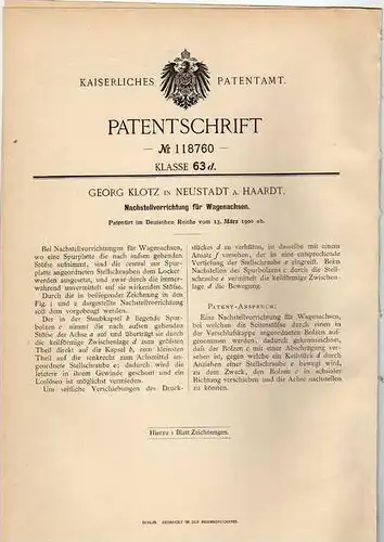 Original Patentschrift - G. Klotz in Neustadt a. Haardt , 1900 , Nachsteller für Wagenachsen !!!