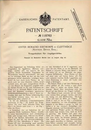 Original Patentschrift - L. Sibthorpe in Cleftridge , 1899 , Tragehaken für Jagdflinten , Jagd , Gewehr !!!