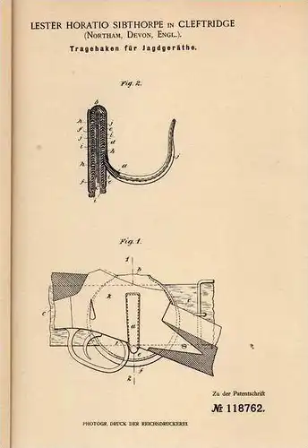 Original Patentschrift - L. Sibthorpe in Cleftridge , 1899 , Tragehaken für Jagdflinten , Jagd , Gewehr !!!