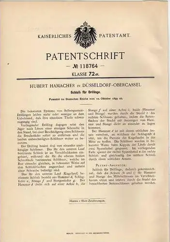 Original Patentschrift - H. Hamacher in Düsseldorf - Obercassel , 1899 , Schloß für Drillinge , Drilling !!!