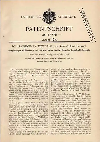 Original Patentschrift - L. Grenthe in Pontoise , Seine , 1899 , Dampferzeuger mit Oberkessel !!!