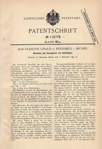 Original Patentschrift - J. Giraud in Molenbeek b. Brüssel , 1899 , Maschine für Hüte , Hut !!!