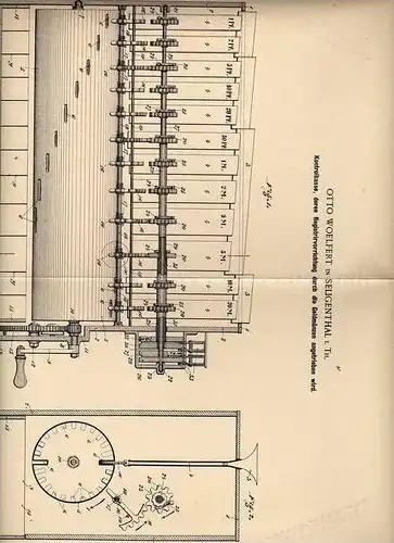 Original Patentschrift - O. Woelfert in Seligenthal i. Th., 1900 , Kasse , Kontrollkasse mit Münzen - Antrieb , Geld !!!