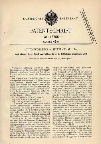 Original Patentschrift - O. Woelfert in Seligenthal i. Th., 1900 , Kasse , Kontrollkasse mit Münzen - Antrieb , Geld !!!