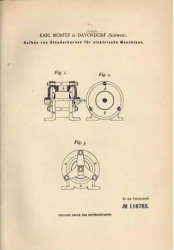 Original Patentschrift - K. Moritz in Davosdorf , 1900 , Ständerkern für elektrische Maschinen , Motoren !!!