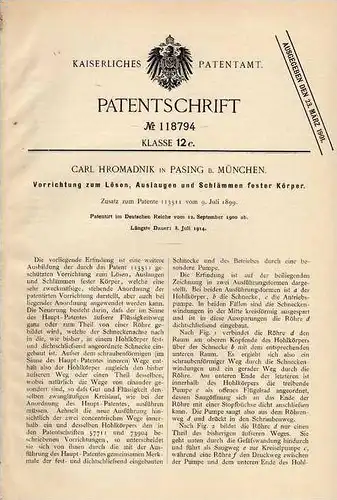 Original Patentschrift - C. Hromadnik in Pasing b. München , 1900 , Apparat zum Schlämmen und Auslaugen !!!