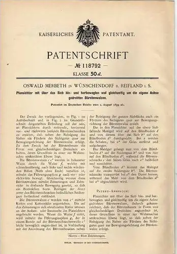 Original Patentschrift - O. Merbeth in Wünschendorf , 1899 , Plansichter mit Bürstenwalzen !!!