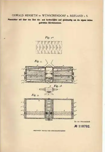 Original Patentschrift - O. Merbeth in Wünschendorf , 1899 , Plansichter mit Bürstenwalzen !!!