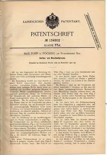 Original Patentschrift - M. Popp in Pöcking a. Starnberger See , 1901 , Karten - und Mundtuchpresse , Kartenspiel !!!