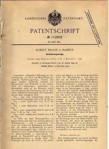 Original Patentschrift - R. Dralle in Hameln , 1899 , Gasfeuerungsanlage , Heizung , Feuerung !!!