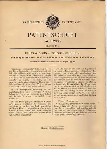Original Patentschrift - Uhlig & Sohn in Dresden - Pieschen , 1899 , Halter für Vorhang , Gardinenstange !!!