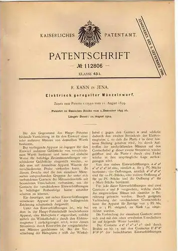 Original Patentschrift - R. Kann in Jena , 1899 , Elektrischer Münzeinwurf , Automat , Verkaufsapparat !!!