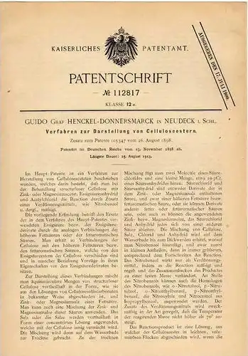 Original Patentschrift - G. Graf Henckel-Donnersmarck in Neudeck i. Schl., 1898 , Darstellung von Cellulose !!!