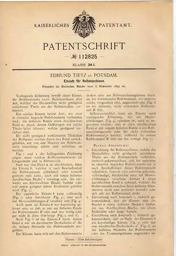Original Patentschrift - E. Tietz in Potsdam , 1899 , Einsatz für Reibmaschinen !!!