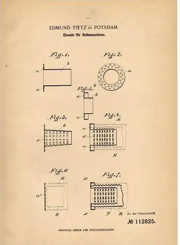 Original Patentschrift - E. Tietz in Potsdam , 1899 , Einsatz für Reibmaschinen !!!