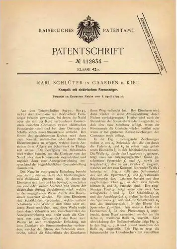 Original Patentschrift - K. Schlüter in Gaarden b. Kiel , 1899 , Kompass mit elektr. Fernanzeiger !!!