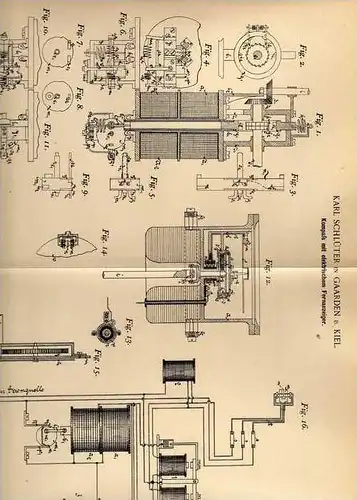 Original Patentschrift - K. Schlüter in Gaarden b. Kiel , 1899 , Kompass mit elektr. Fernanzeiger !!!