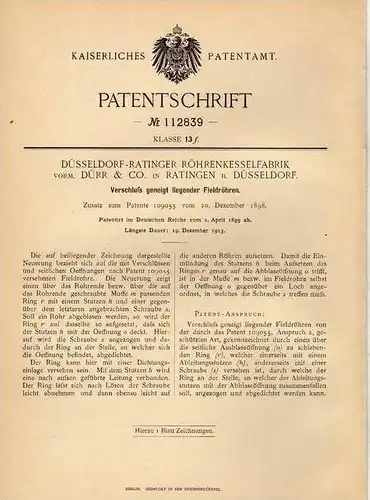 Original Patentschrift - Röhrenkesselfabrik in Ratingen b. Düsseldorf , 1899 , Fieldröhren , Rohre , Röhren !!!