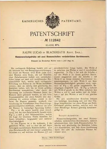 Original Patentschrift - R. Lucas in Blackheath , Kent , 1899 , Riemen - Wechselgetriebe , Getriebe !!!
