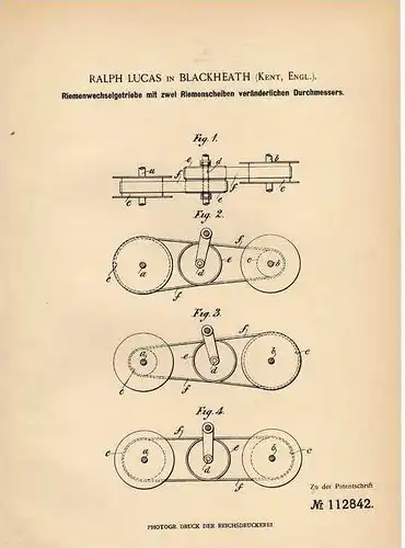 Original Patentschrift - R. Lucas in Blackheath , Kent , 1899 , Riemen - Wechselgetriebe , Getriebe !!!