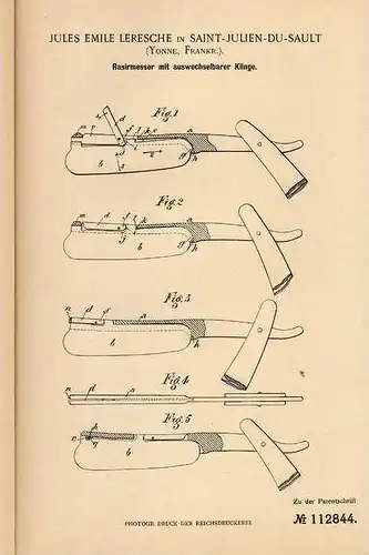 Original Patentschrift - J. Leresche in Saint Julien du Sault , 1899 , Razor , coiffeur , barbier couteau !!!