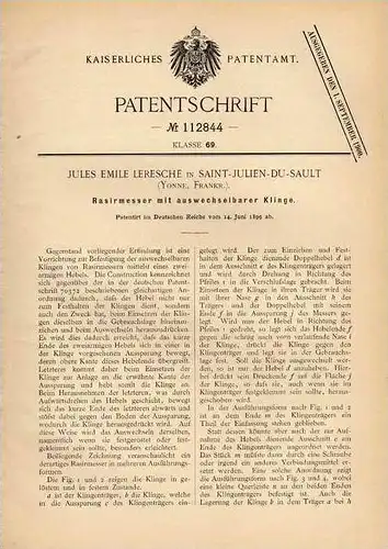 Original Patentschrift - J. Leresche in Saint Julien du Sault , 1899 , Razor , coiffeur , barbier couteau !!!