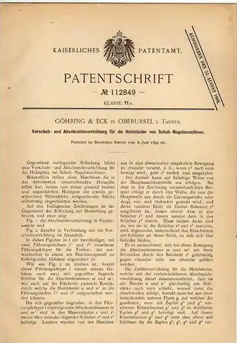 Original Patentschrift - Göhring & Eck in Oberursel i. Taunus , 1899 , Nagelmaschine für Schuhe , Abschneider , Schuster