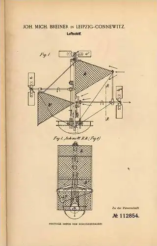 Original Patentschrift - J. Breiner in Leipzig - Connewitz , 1899 , Luftschiff , Luftfahrzeug !!!
