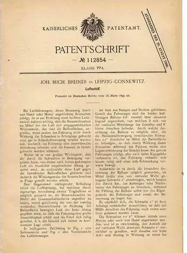 Original Patentschrift - J. Breiner in Leipzig - Connewitz , 1899 , Luftschiff , Luftfahrzeug !!!