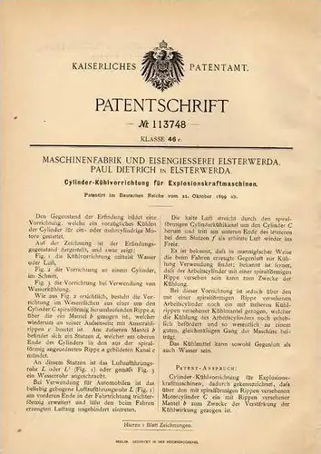 Original Patentschrift - P. Dietrich in Elsterwerda , 1899 , Cylinder - Kühlapparat für Explosionskraftmaschinen !!!