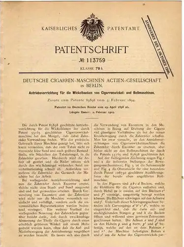 Original Patentschrift - Deutsche Cigarren - Maschinen AG in Berlin , 1898 , Cigarrenwickel- und Rollmaschine , Cigarre