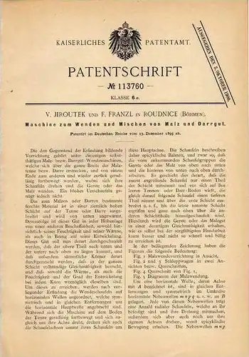 Original Patentschrift - F. Franzl in Roudnice , 1899 , Maschine für Malz und Darrgut !!!