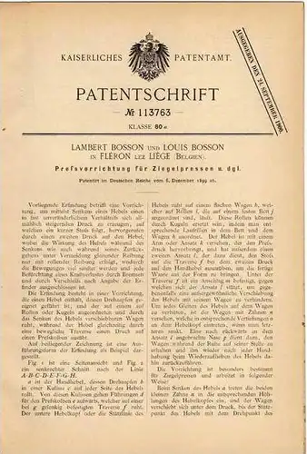 Original Patentschrift - L. Bosson in Fléron lez Liege , 1899 , Presse für Ziegel , Ziegelpresse !!!