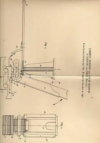 Original Patentschrift - L. Bosson in Fléron lez Liege , 1899 , Presse für Ziegel , Ziegelpresse !!!