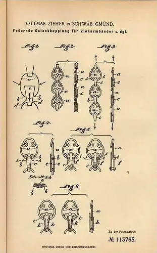 Original Patentschrift - O. Zieher in Schäbisch Gmünd , 1899 , Armband , Kupplung für Armbänder , Schmuck !!!