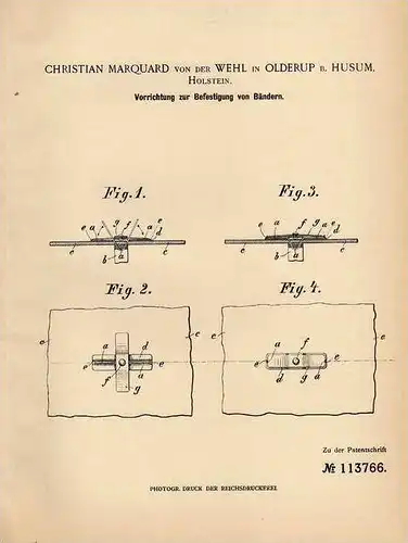 Original Patentschrift - C.von der Wehl in Olderup b. Husum , 1899 , Sturmbänder an Hüten , Bandbefestigung , Hüte !!!