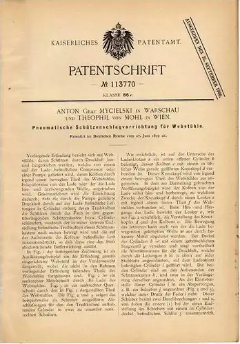 Original Patentschrift - Th. von Mohl in Wien und Warschau , 1899 , Schütze für Webstuhl , Weberei !!!