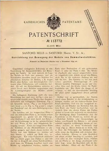 Original Patentschrift - S. Mills in Sanford , Maine , USA , 1899 , Webstuhl , Samt , Weberei !!!