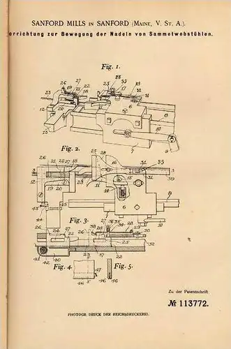 Original Patentschrift - S. Mills in Sanford , Maine , USA , 1899 , Webstuhl , Samt , Weberei !!!