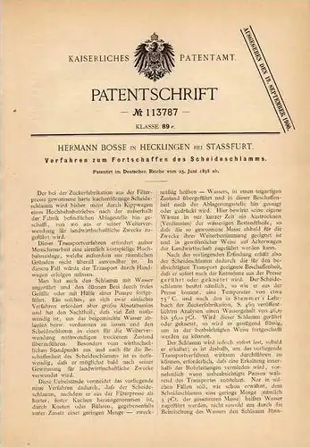 Original Patentschrift - H. Bosse in Hecklingen b. Stassfurt , 1898 , Entsorgung v. Scheideschlamm aus Zuckerfabrik !!!