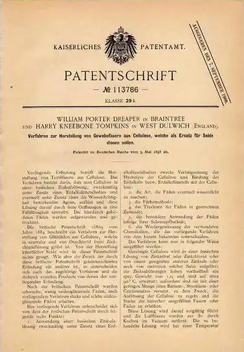 Original Patentschrift - W. Dreaper in Braintree und West Dulwich , 1898 , Cellulose als Ersatz für Seide !!!