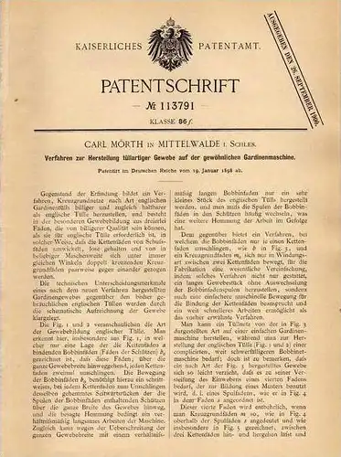 Original Patentschrift - C. Mörth in Mittelwalde i. Schles., 1898 , Tüllstoff mit Gardinenmaschinen , Mi&#281;dzylesie !