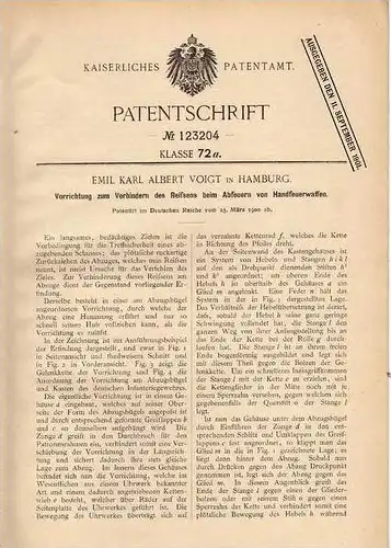 Original Patentschrift - Apparat zum Verhindern des Reißens beim Schiessen ,1900, Pistole , Gewehr , E. Voigt in Hamburg