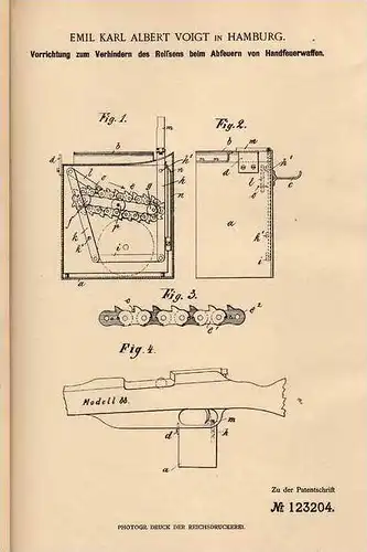 Original Patentschrift - Apparat zum Verhindern des Reißens beim Schiessen ,1900, Pistole , Gewehr , E. Voigt in Hamburg